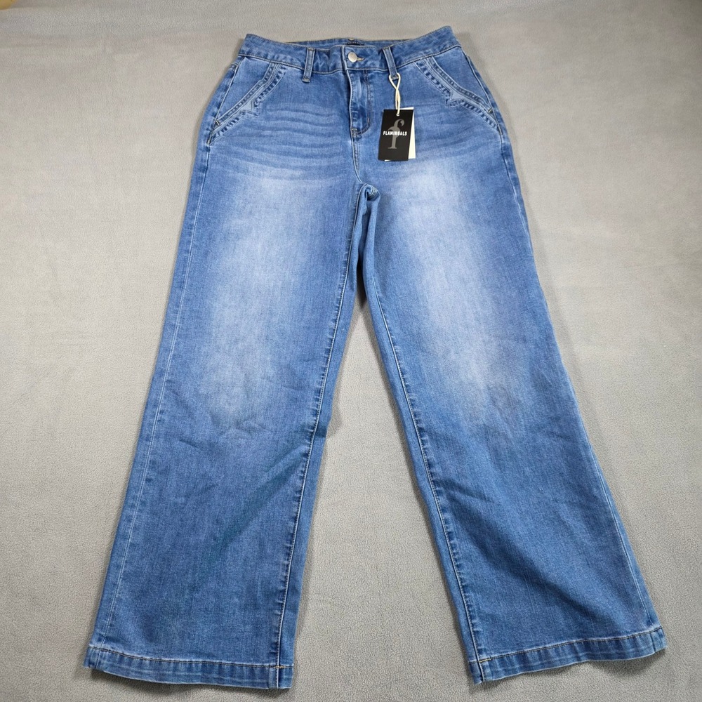 Flamingals Jeans Women Large Blue Wide Leg High Rise 258419 Stretch Medium Wash